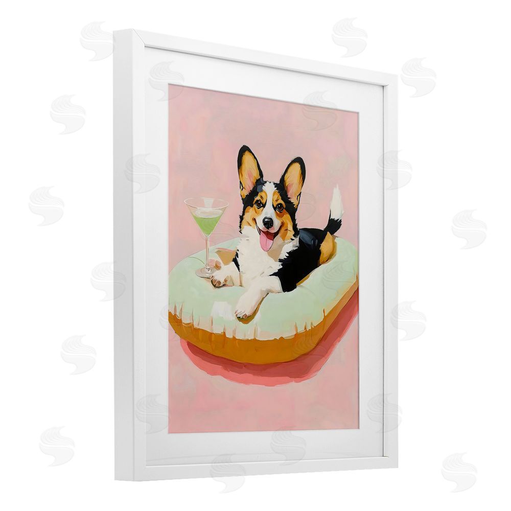 The Prints Vibe Pastel Corgi with Cocktail White Framed Print Under Glass Wall Art