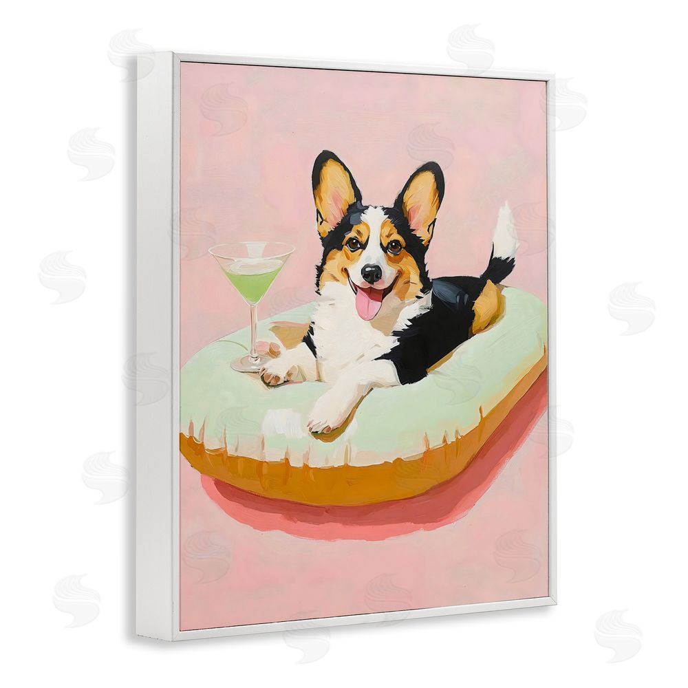 The Prints Vibe Pastel Corgi with Cocktail White Framed Giclee Wall Art