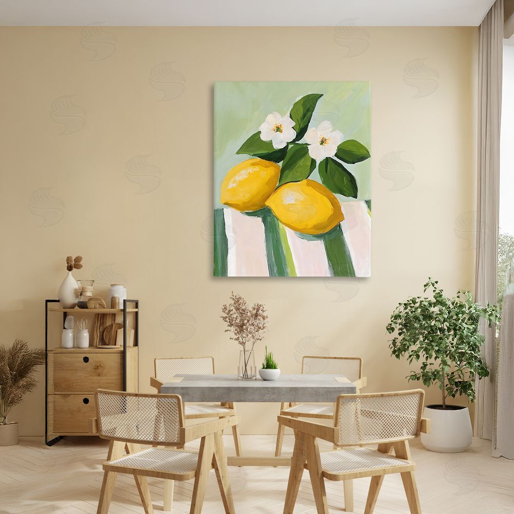 The Prints Vibe Lemons And Daisies on Tablecloth Stretched Canvas Wall Art in Room