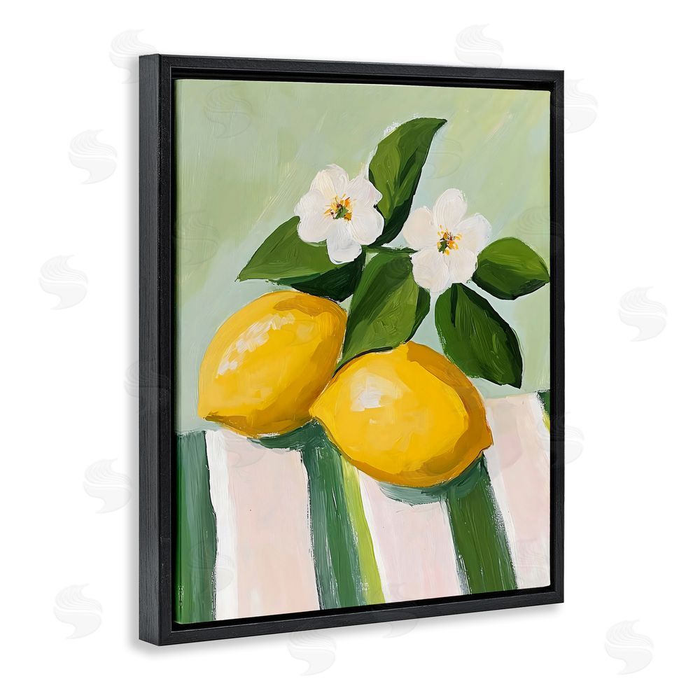 The Prints Vibe Lemons And Daisies on Tablecloth Black Floating Framed Canvas Wall Art