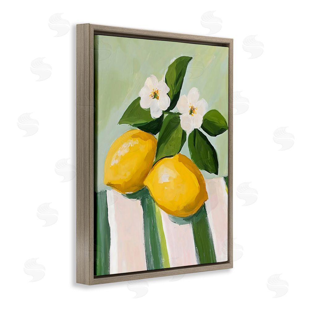 The Prints Vibe Lemons And Daisies on Tablecloth Brown Floating Framed Canvas Wall Art