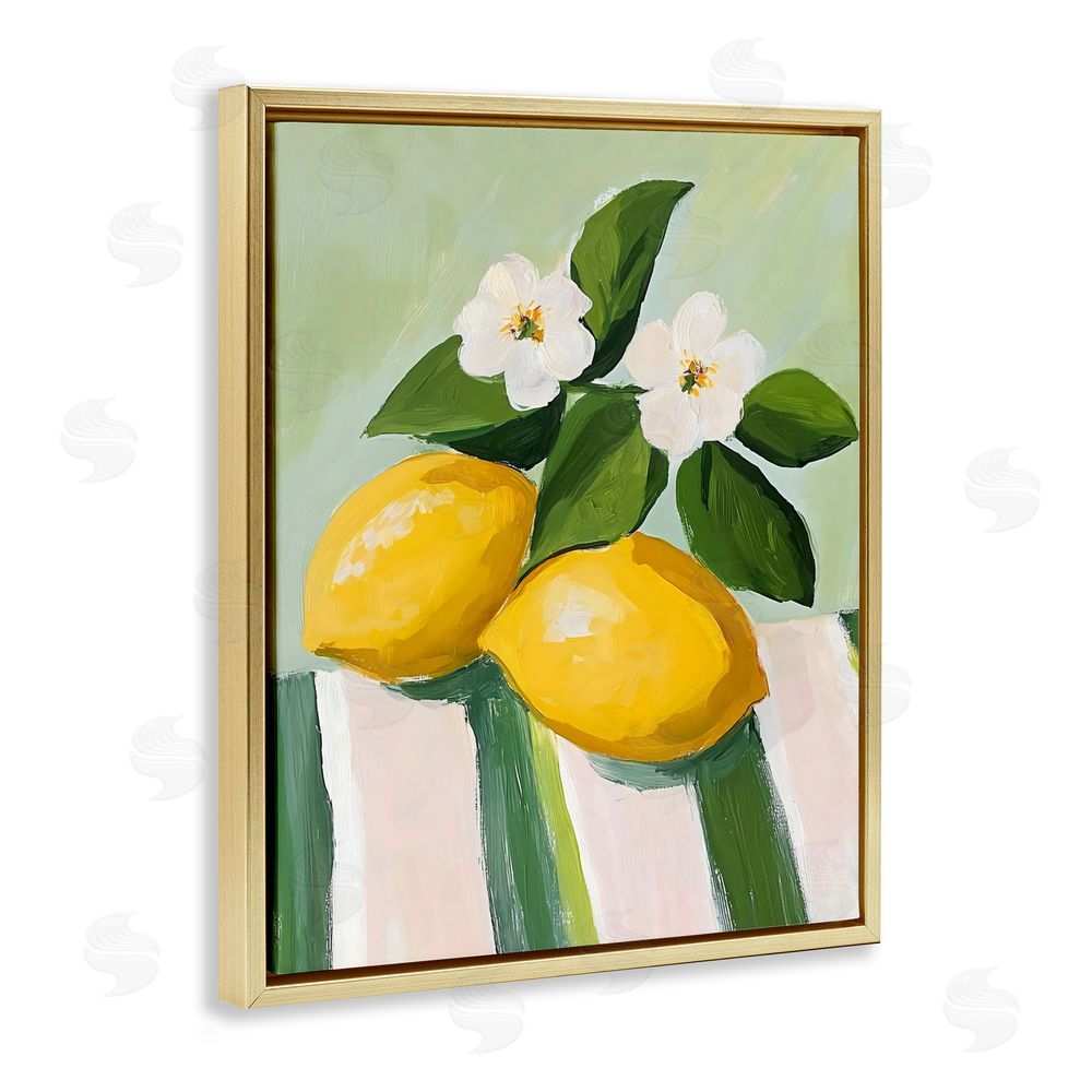 The Prints Vibe Lemons And Daisies on Tablecloth Gold Floating Framed Canvas Wall Art