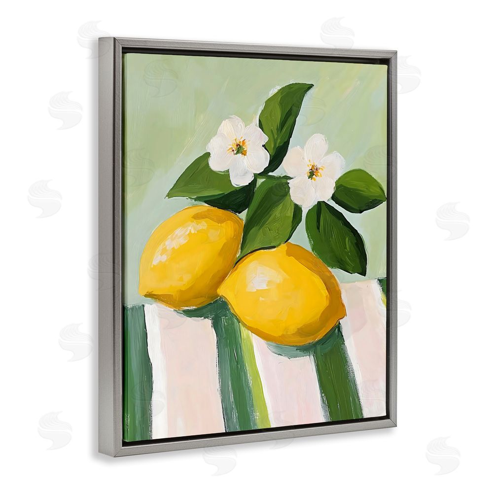 The Prints Vibe Lemons And Daisies on Tablecloth Gray Floating Framed Canvas Wall Art
