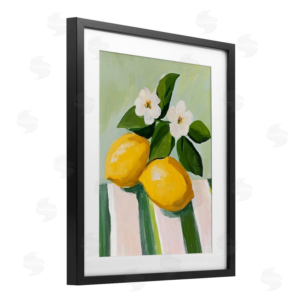 The Prints Vibe Lemons And Daisies on Tablecloth Black Framed Print Under Glass Wall Art