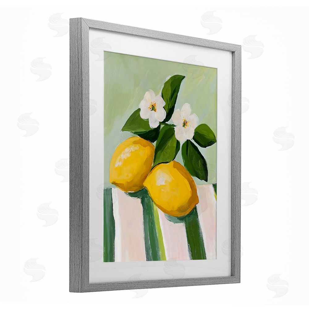 The Prints Vibe Lemons And Daisies on Tablecloth Gray Framed Print Under Glass Wall Art