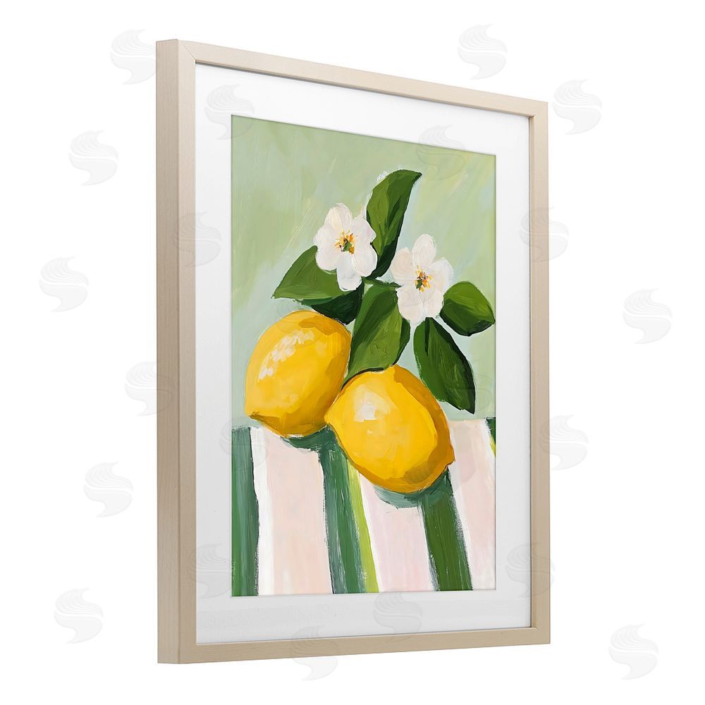 The Prints Vibe Lemons And Daisies on Tablecloth Brown Framed Print Under Glass Wall Art