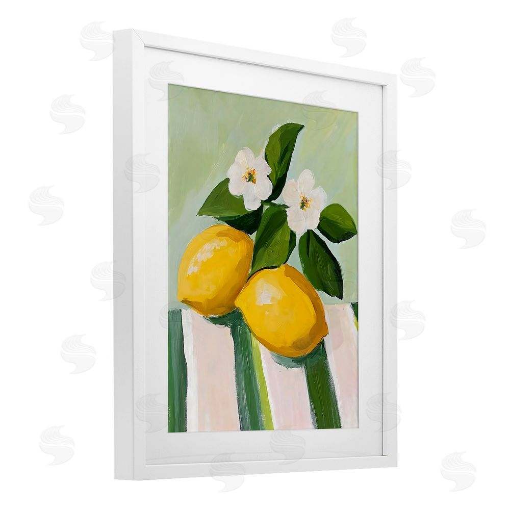 The Prints Vibe Lemons And Daisies on Tablecloth White Framed Print Under Glass Wall Art