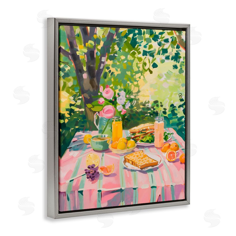 The Prints Vibe Breakfast Picnic in Garden Gray Floating Frame Stretched Canvas Wall Art Print