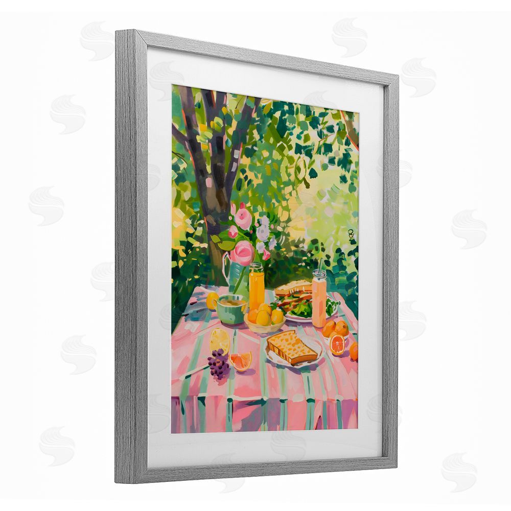 The Prints Vibe Breakfast Picnic in Garden Gray Framed Print Under Glass with Matting Wall Art