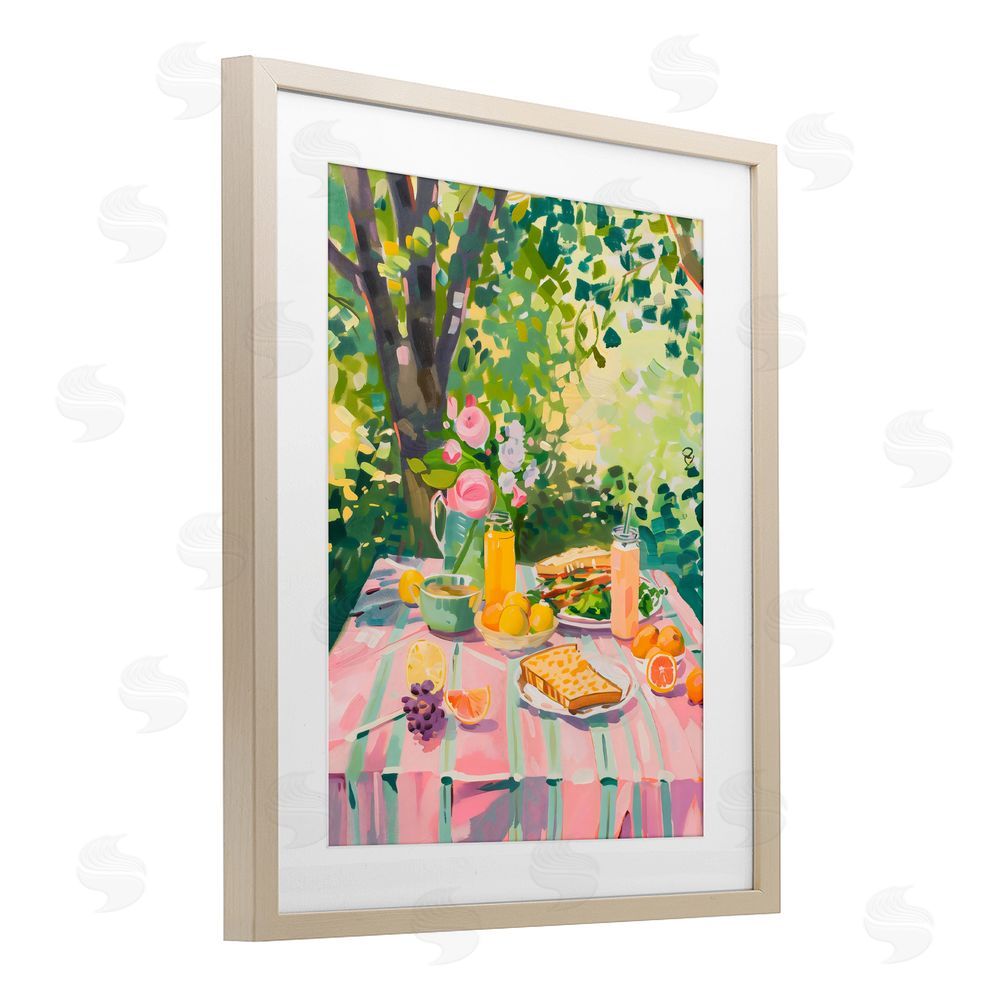The Prints Vibe Breakfast Picnic in Garden Brown Framed Print Under Glass with Matting Wall Art