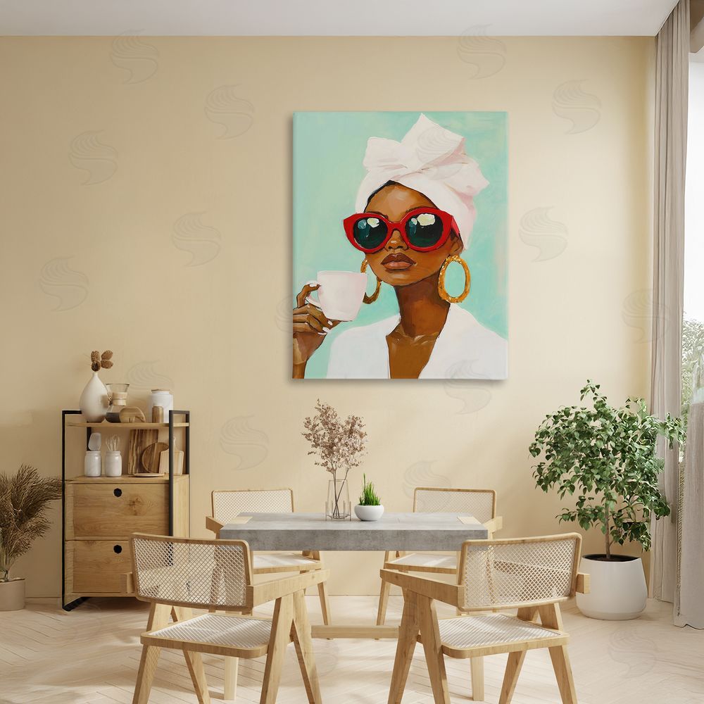 The Prints Vibe Coffee Lover in Red Sunglasses Stretched Canvas Wall Art in Room