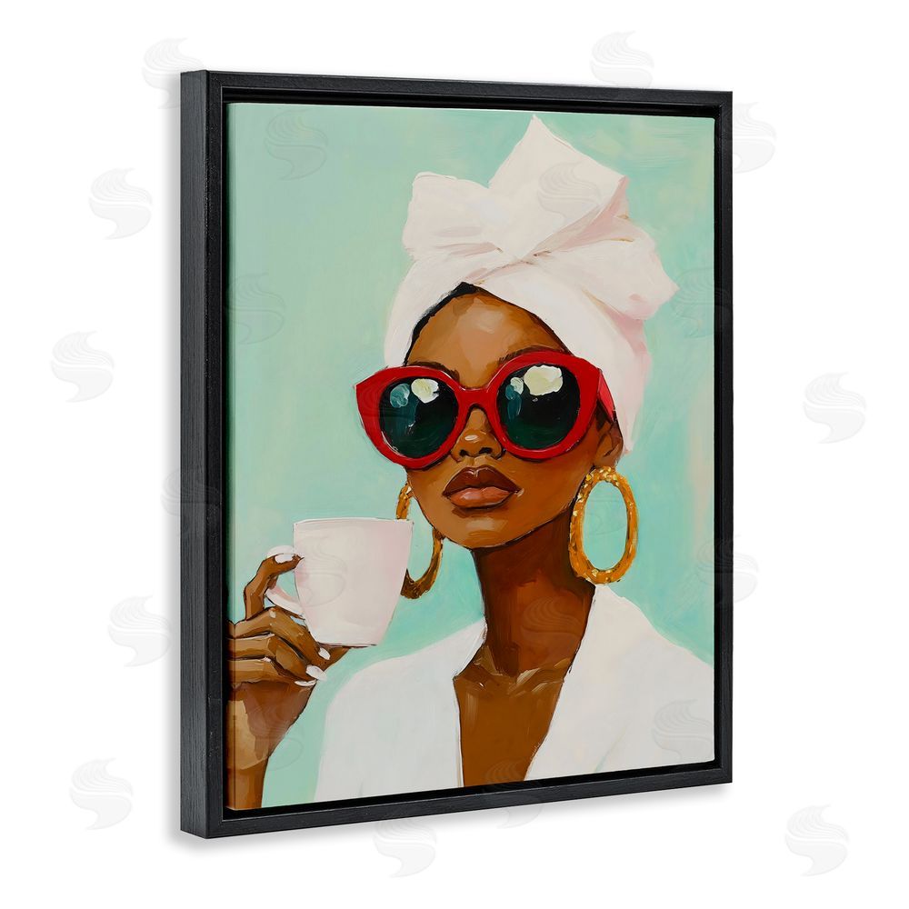 The Prints Vibe Coffee Lover in Red Sunglasses Black Floating Frame Canvas Wall Art Print