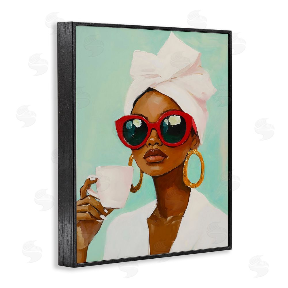 The Prints Vibe Coffee Lover in Red Sunglasses Black Framed Giclee Wall Art Print