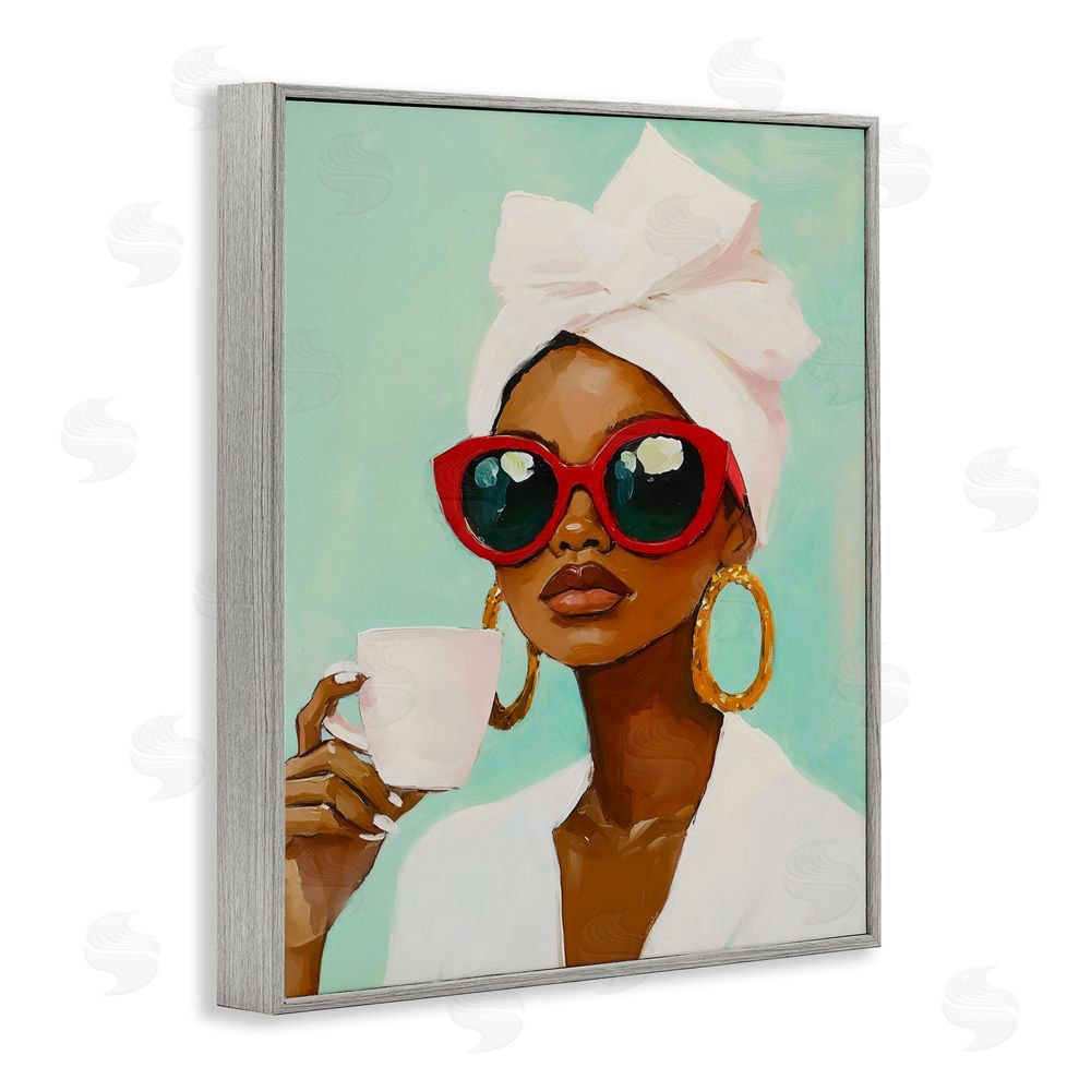 The Prints Vibe Coffee Lover in Red Sunglasses Gray Framed Giclee Wall Art Print