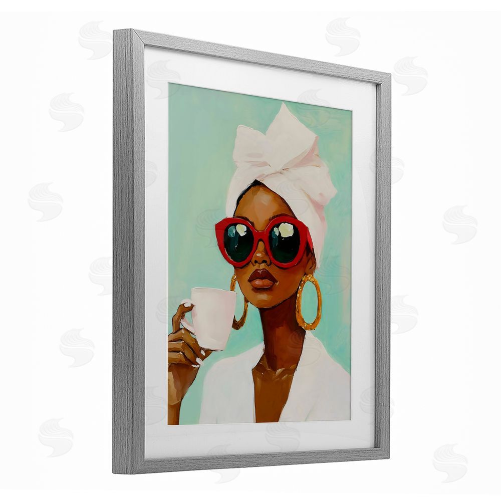 The Prints Vibe Coffee Lover in Red Sunglasses Gray Framed Print Under Glass Wall Art