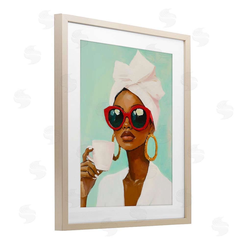 The Prints Vibe Coffee Lover in Red Sunglasses Brown Framed Print Under Glass Wall Art