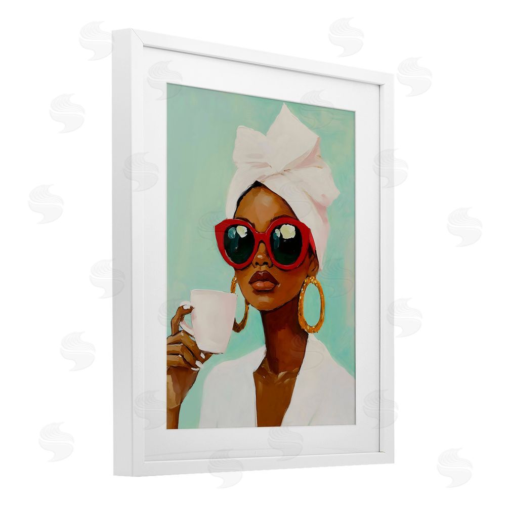 The Prints Vibe Coffee Lover in Red Sunglasses White Framed Print Under Glass Wall Art