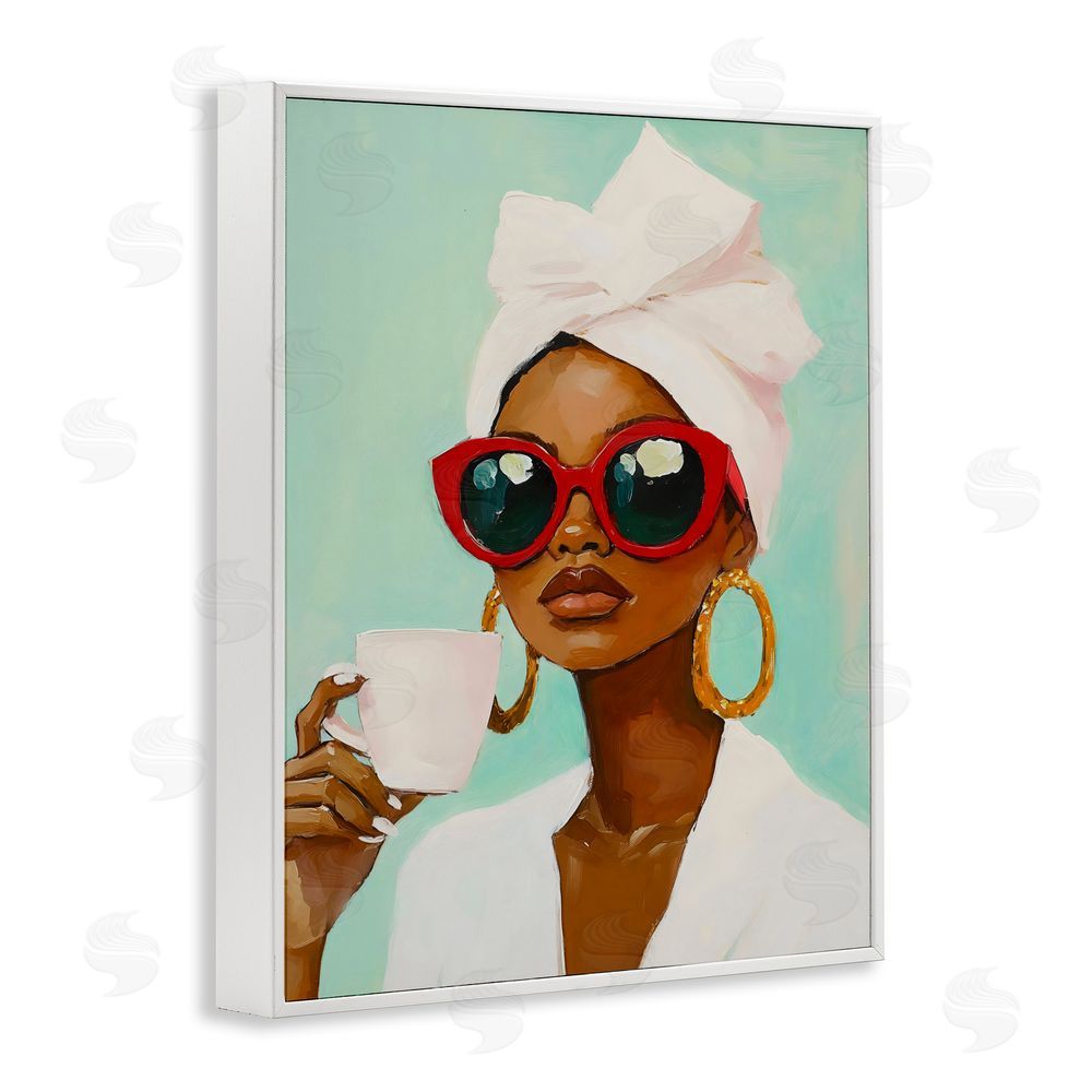 The Prints Vibe Coffee Lover in Red Sunglasses White Framed Giclee Wall Art Print