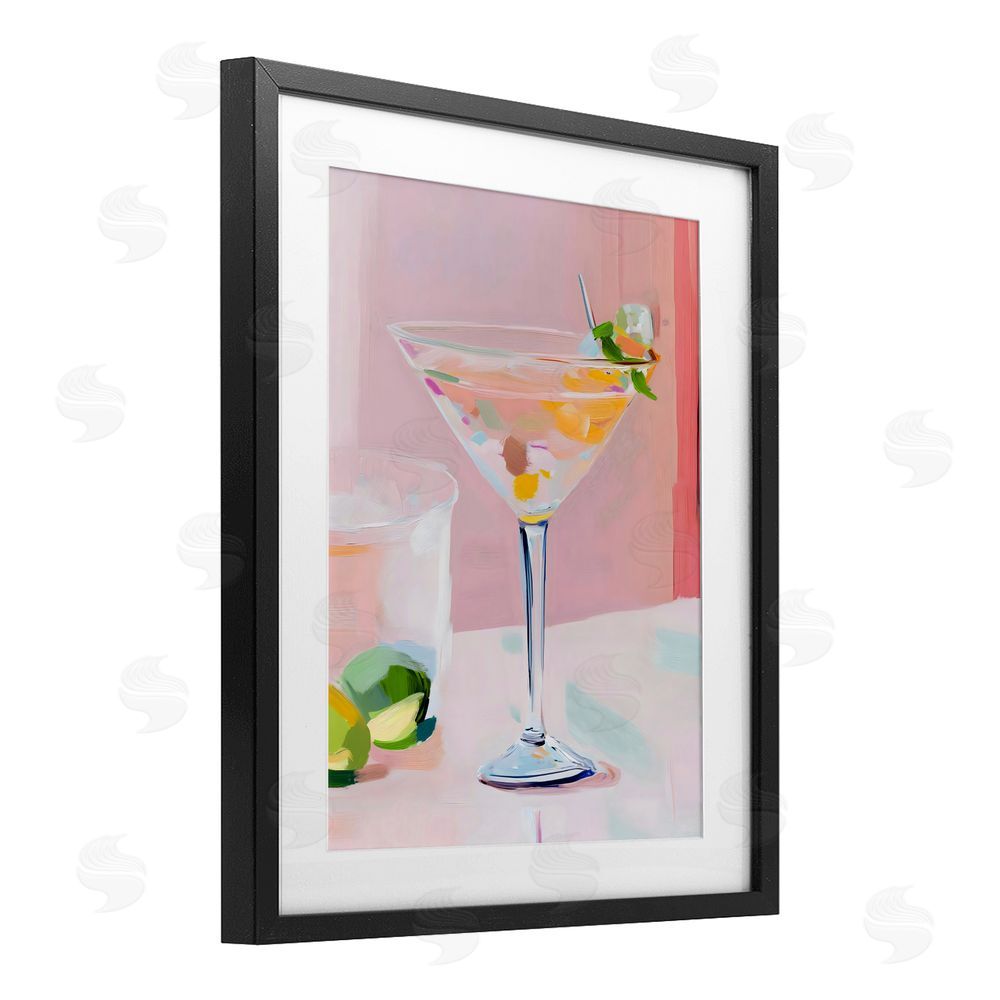The Prints Vibe Pink Martini Bar with Lime Black Framed Print Under Glass Wall Art