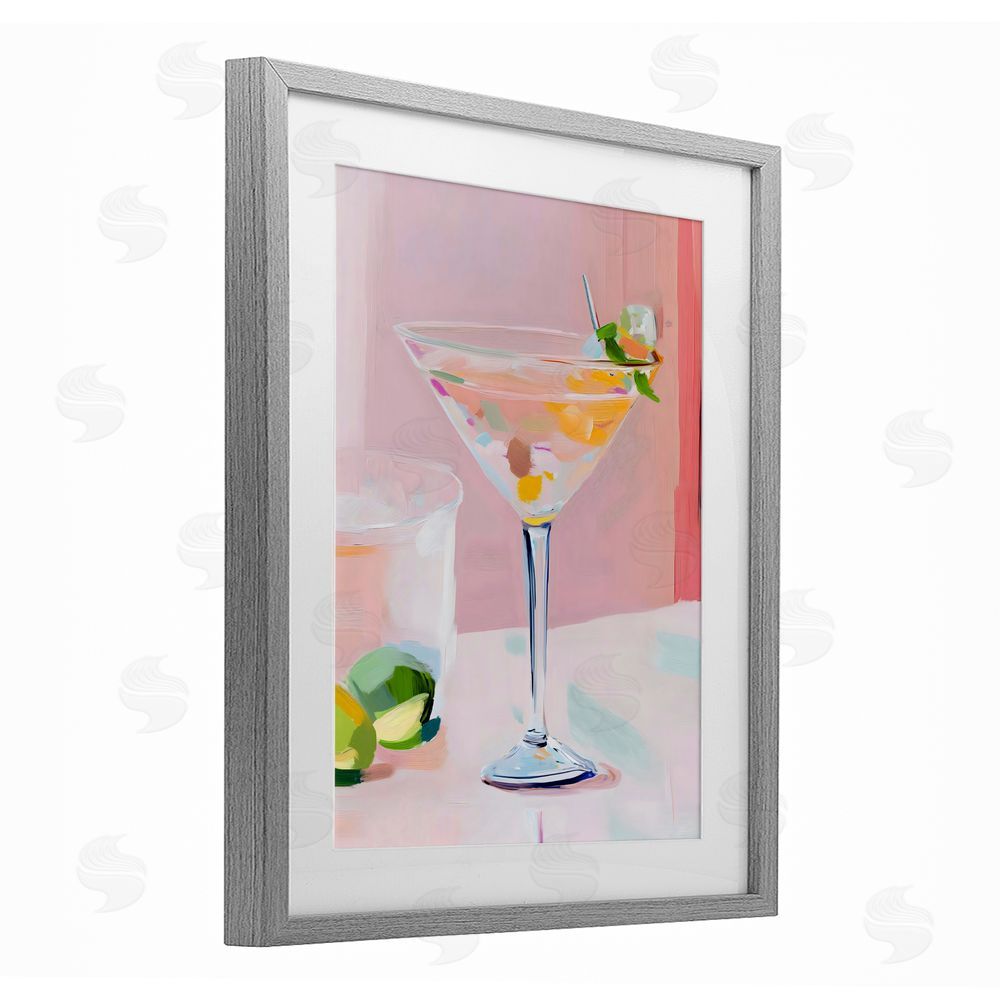 The Prints Vibe Pink Martini Bar with Lime Gray Framed Print Under Glass Wall Art