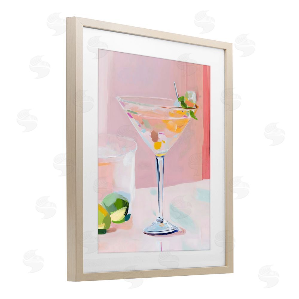 The Prints Vibe Pink Martini Bar with Lime Brown Framed Print Under Glass Wall Art