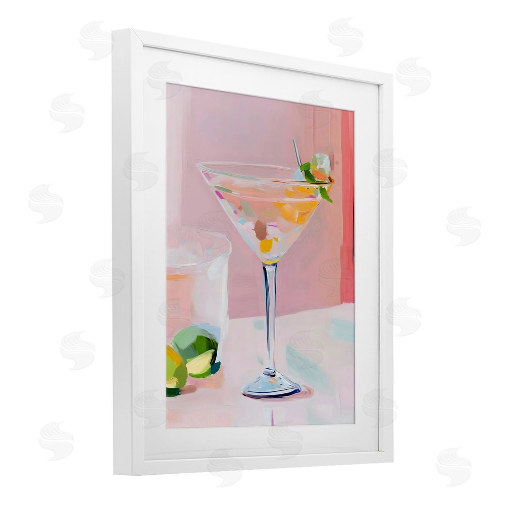 The Prints Vibe Pink Martini Bar with Lime White Framed Print Under Glass Wall Art