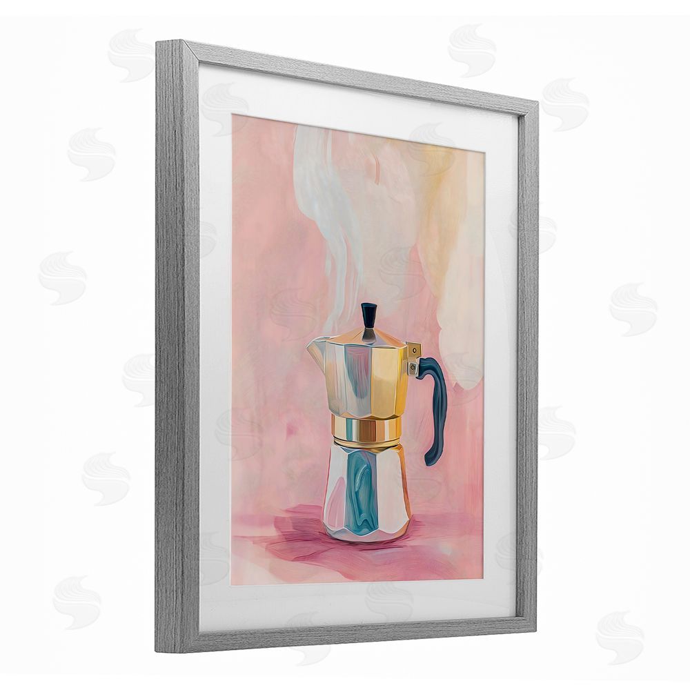The Prints Vibe Vintage Coffee Maker on Pink Gray Framed Print Under Glass with White Mat Wall Art