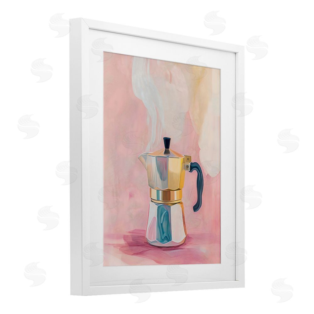 The Prints Vibe Vintage Coffee Maker on Pink White Framed Print Under Glass with White Mat Wall Art