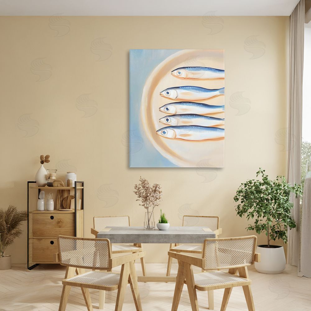 The Prints Vibe Plate of Sardines Stretched Canvas Wall Art in Room