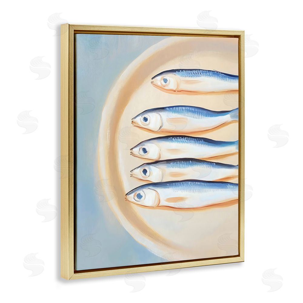 The Prints Vibe Plate of Sardines Gold Floating Framed Canvas Wall Art