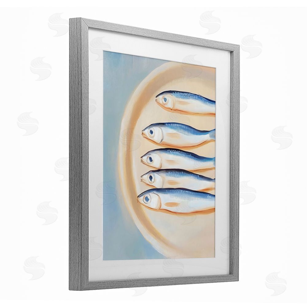 The Prints Vibe Plate of Sardines Gray Framed Print Under Glass Wall Art