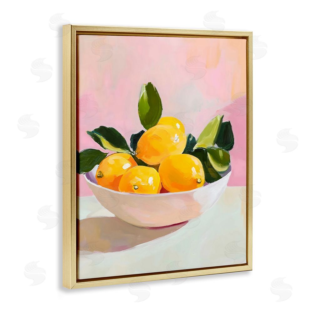 The Prints Vibe Bowl of Lemons in Sunlight Gold Floating Frame Stretched Canvas Wall Art Print