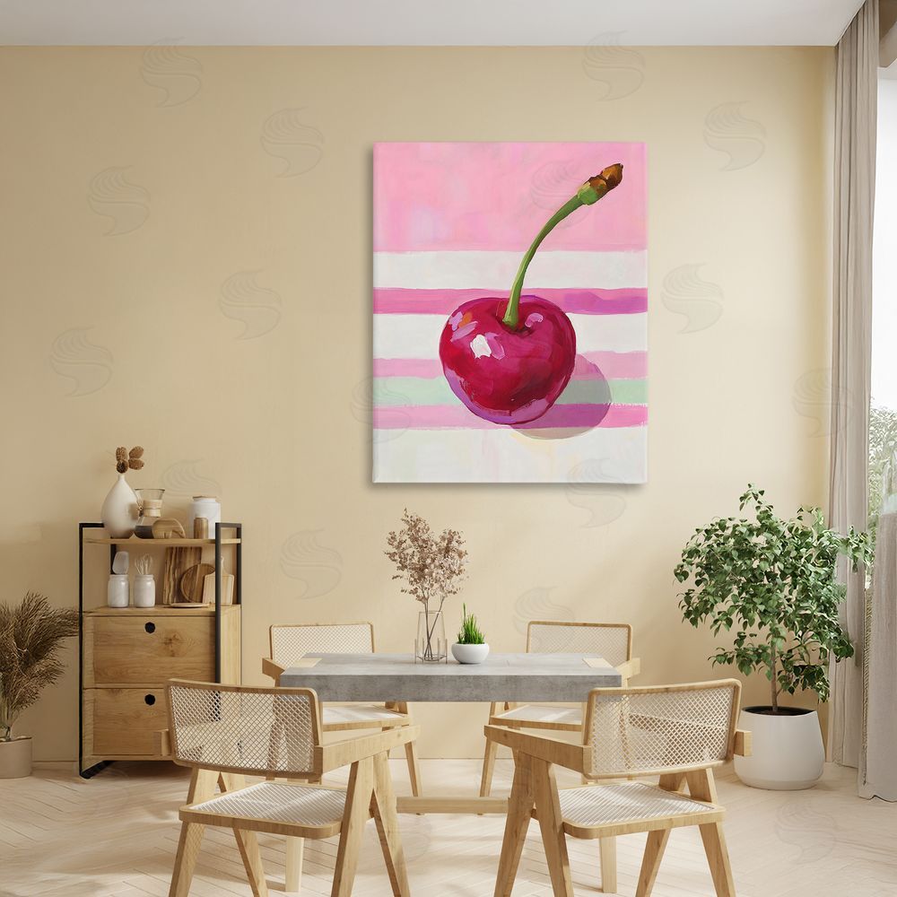 The Prints Vibe Cherry on Pink Stripes Stretched Canvas Wall Art in Room