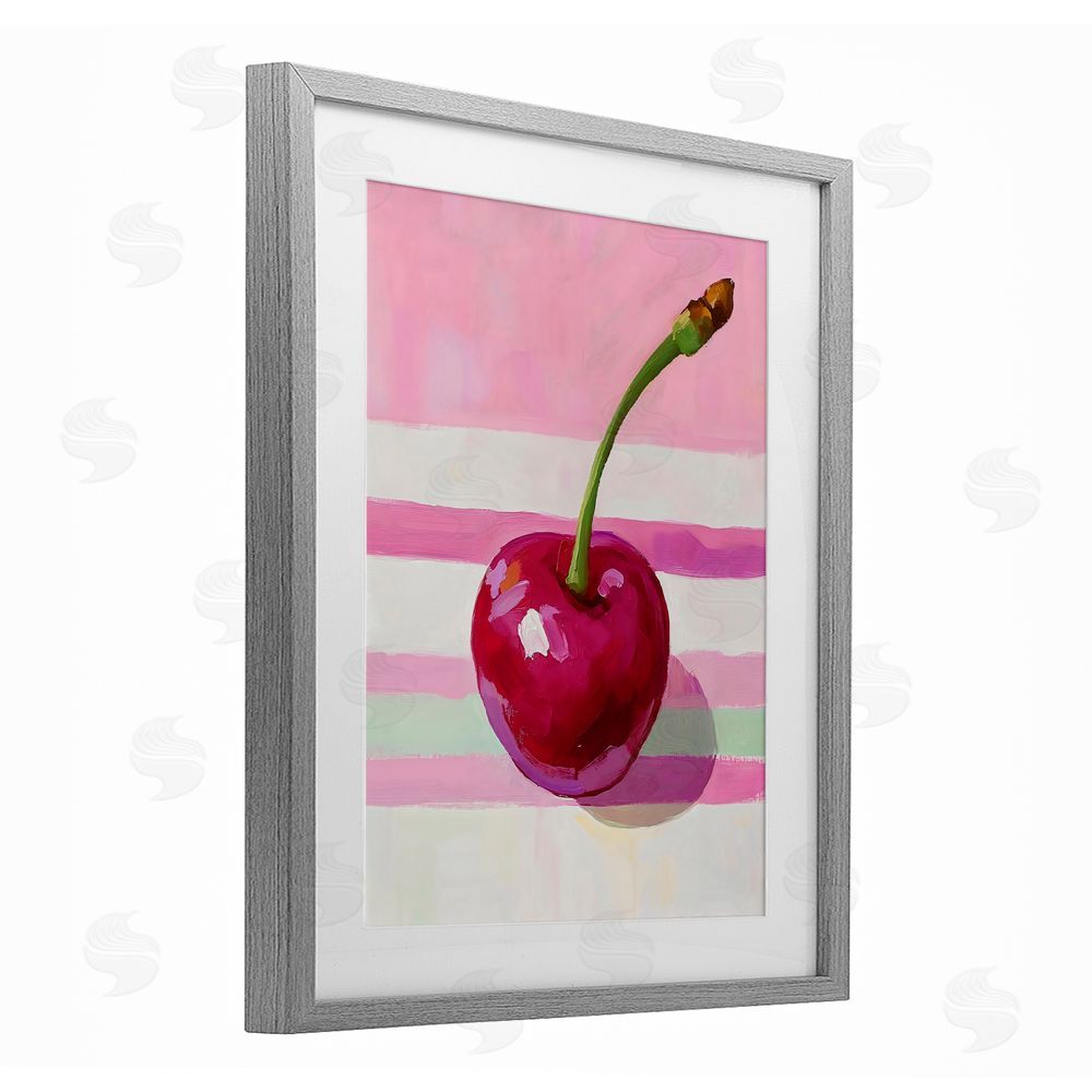 The Prints Vibe Cherry on Pink Stripes Gray Framed Print Under Glass Wall Art