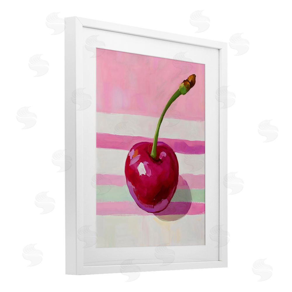 The Prints Vibe Cherry on Pink Stripes White Framed Print Under Glass Wall Art