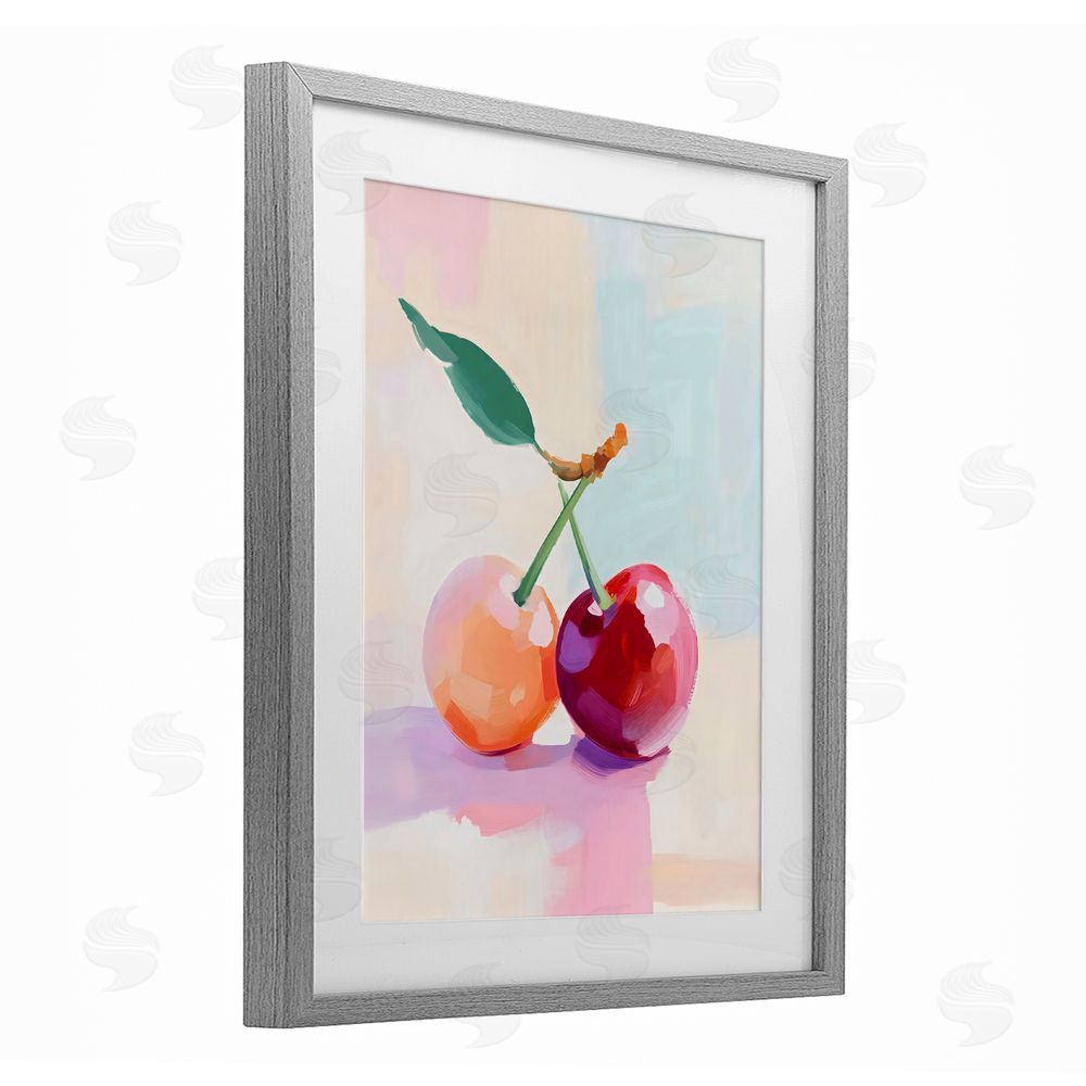 The Prints Vibe Pastel Cherries Pair Gray Framed Print Under Glass Wall Art