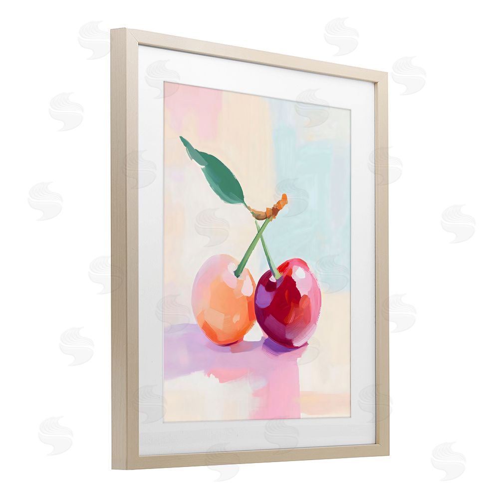The Prints Vibe Pastel Cherries Pair Brown Framed Print Under Glass Wall Art