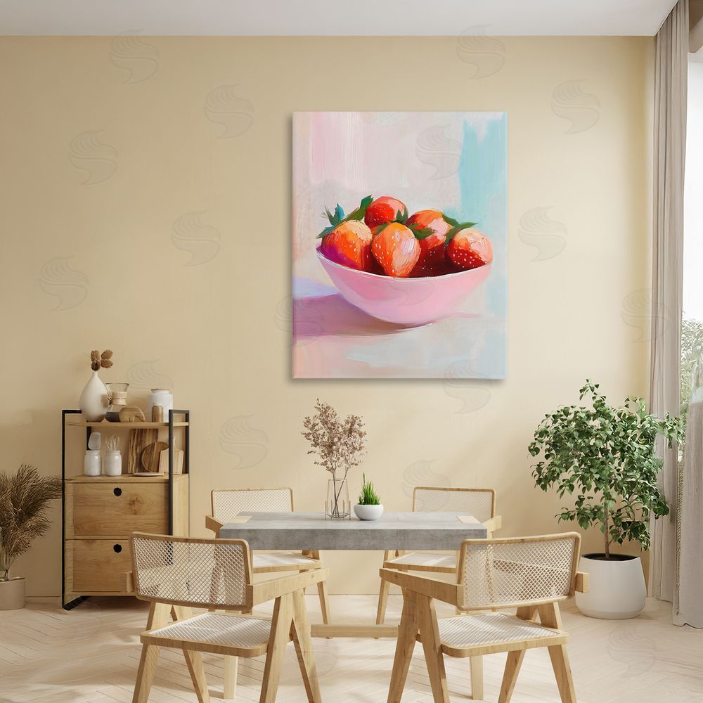 The Prints Vibe Pastel Bowl of Strawberries Stretched Canvas Wall Art in Room