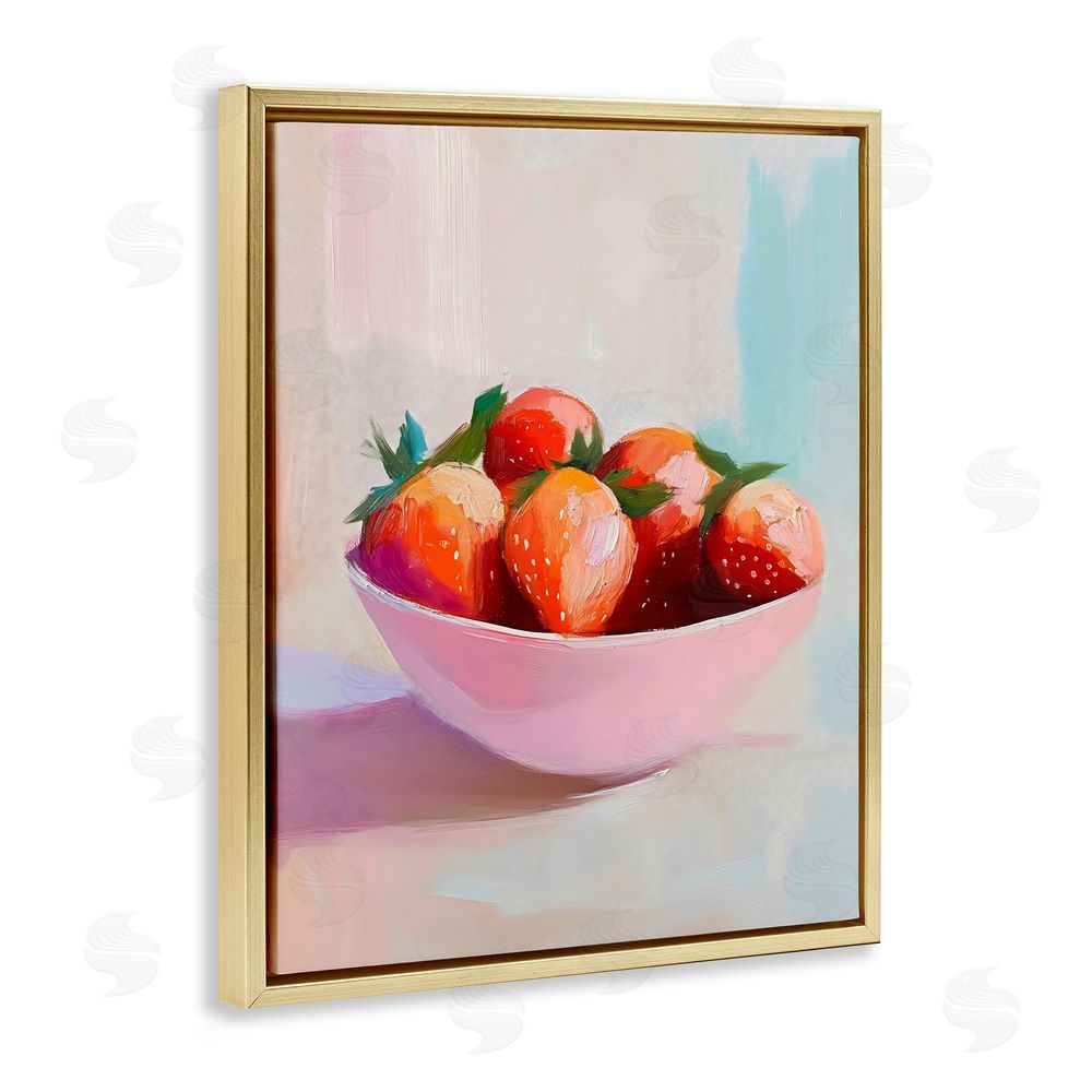 The Prints Vibe Pastel Bowl of Strawberries Gold Floating Framed Canvas Wall Art