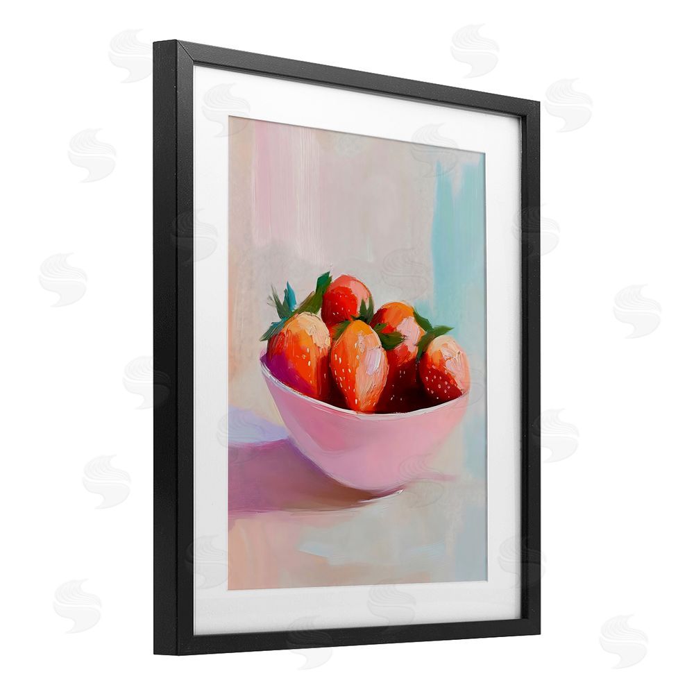 The Prints Vibe Pastel Bowl of Strawberries Black Framed Print Under Glass Wall Art