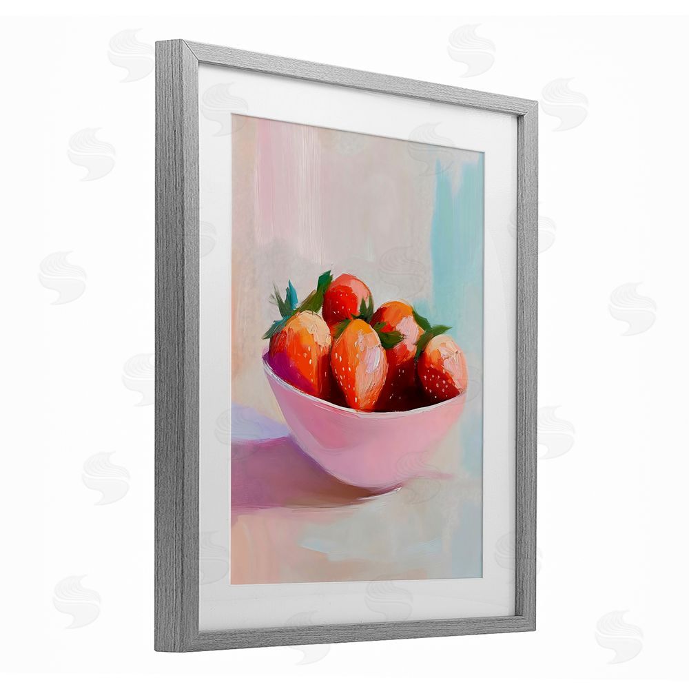 The Prints Vibe Pastel Bowl of Strawberries Gray Framed Print Under Glass Wall Art