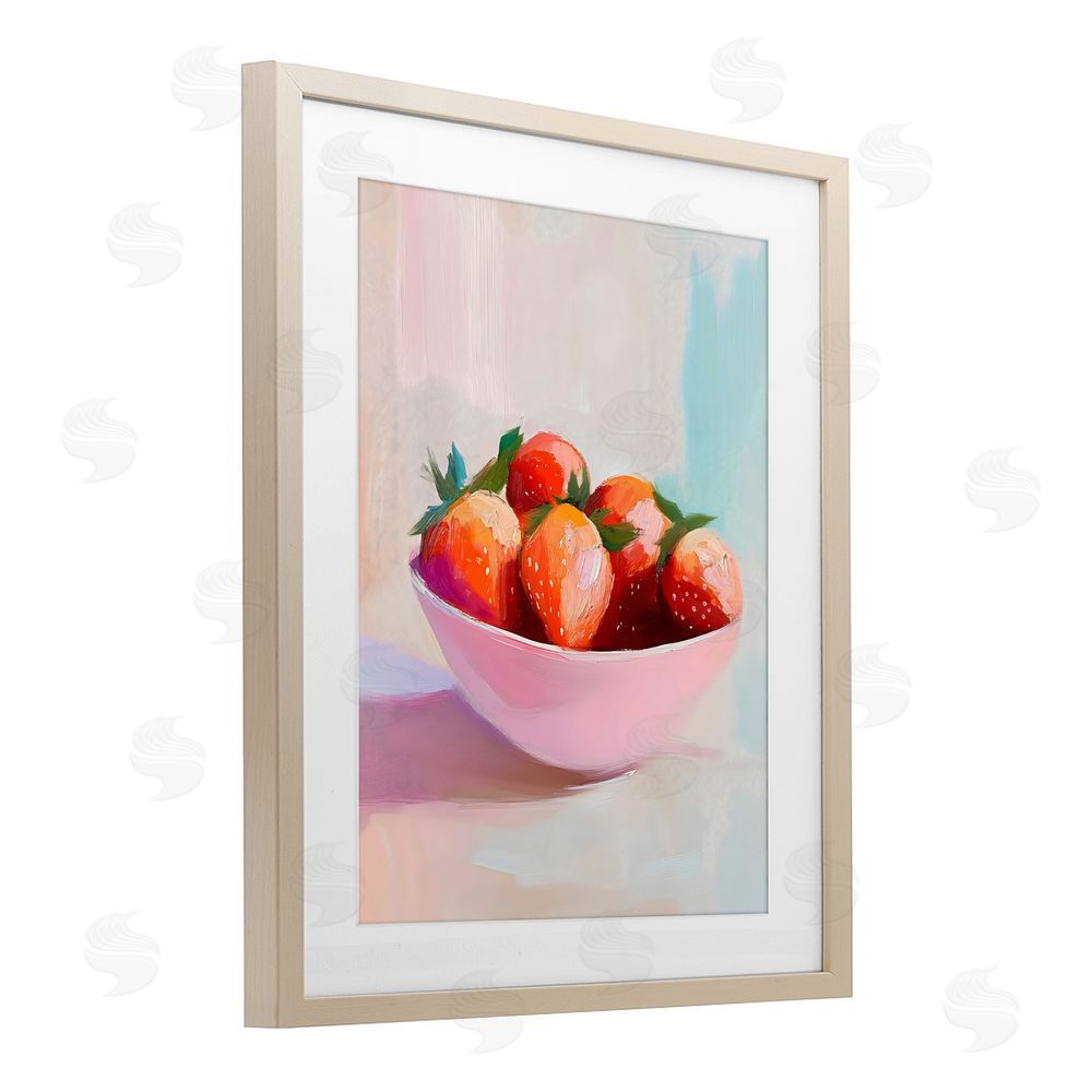 The Prints Vibe Pastel Bowl of Strawberries Brown Framed Print Under Glass Wall Art
