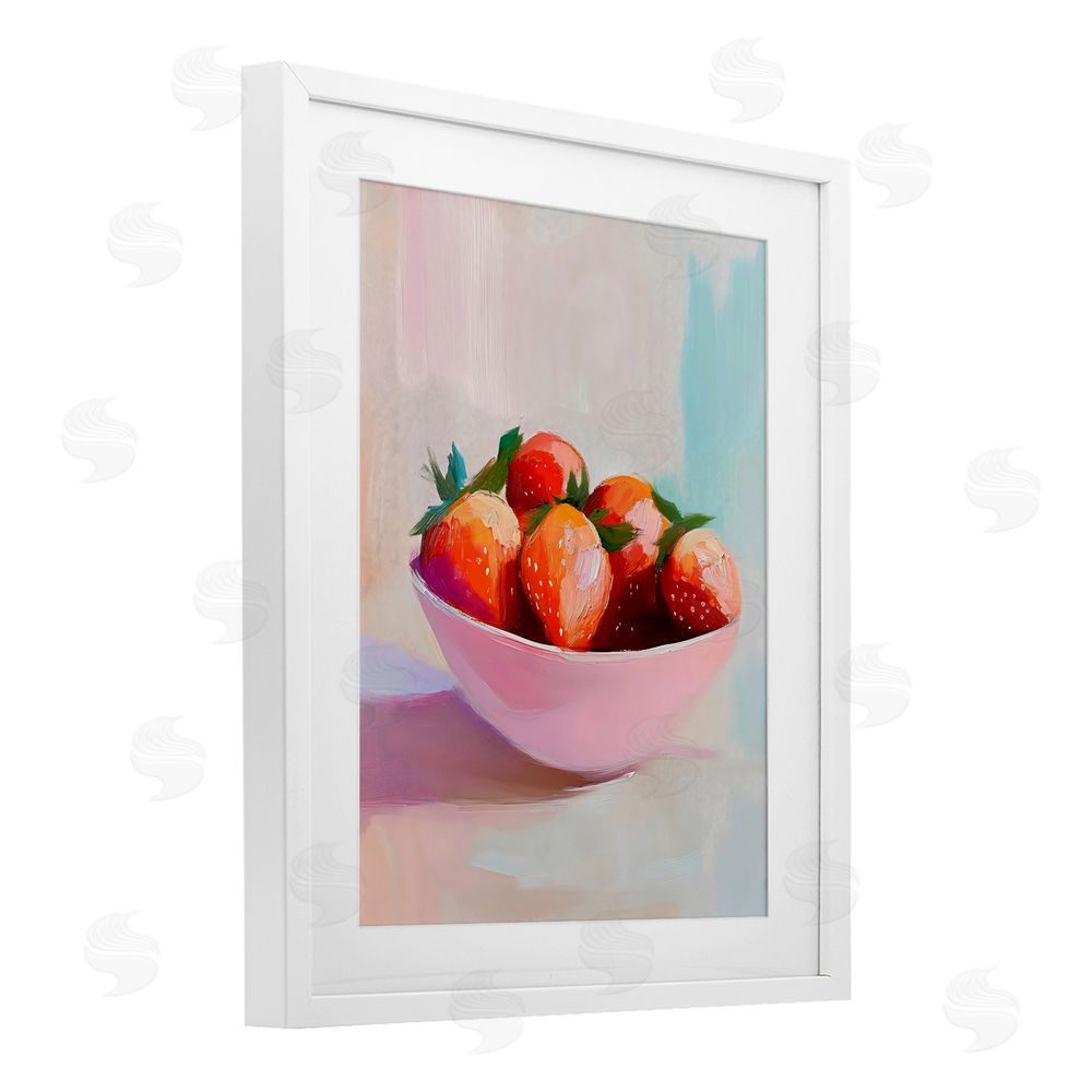 The Prints Vibe Pastel Bowl of Strawberries White Framed Print Under Glass Wall Art