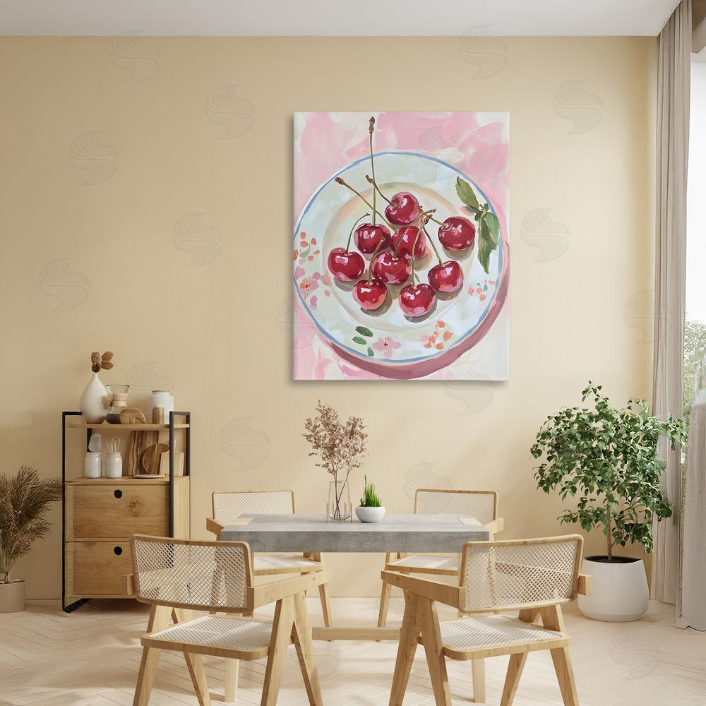 The Prints Vibe Plate of Summer Cherries Stretched Canvas Wall Art in Room
