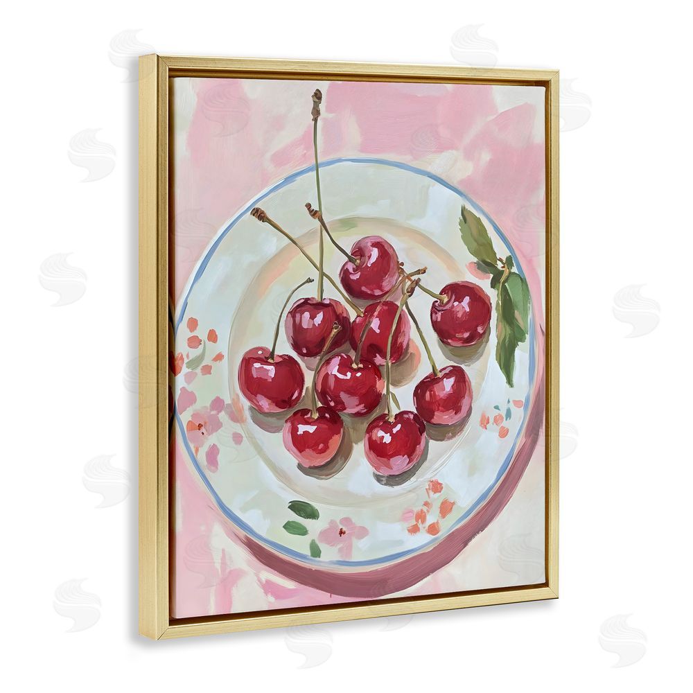The Prints Vibe Plate of Summer Cherries Gold Floating Framed Canvas Wall Art