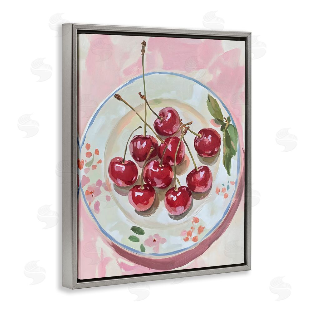 The Prints Vibe Plate of Summer Cherries Gray Floating Framed Canvas Wall Art