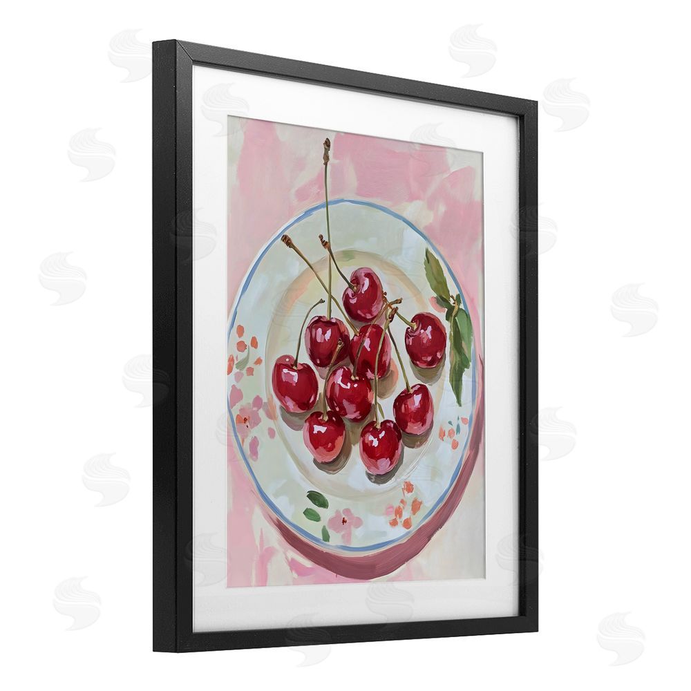The Prints Vibe Plate of Summer Cherries Black Framed Print Under Glass Wall Art