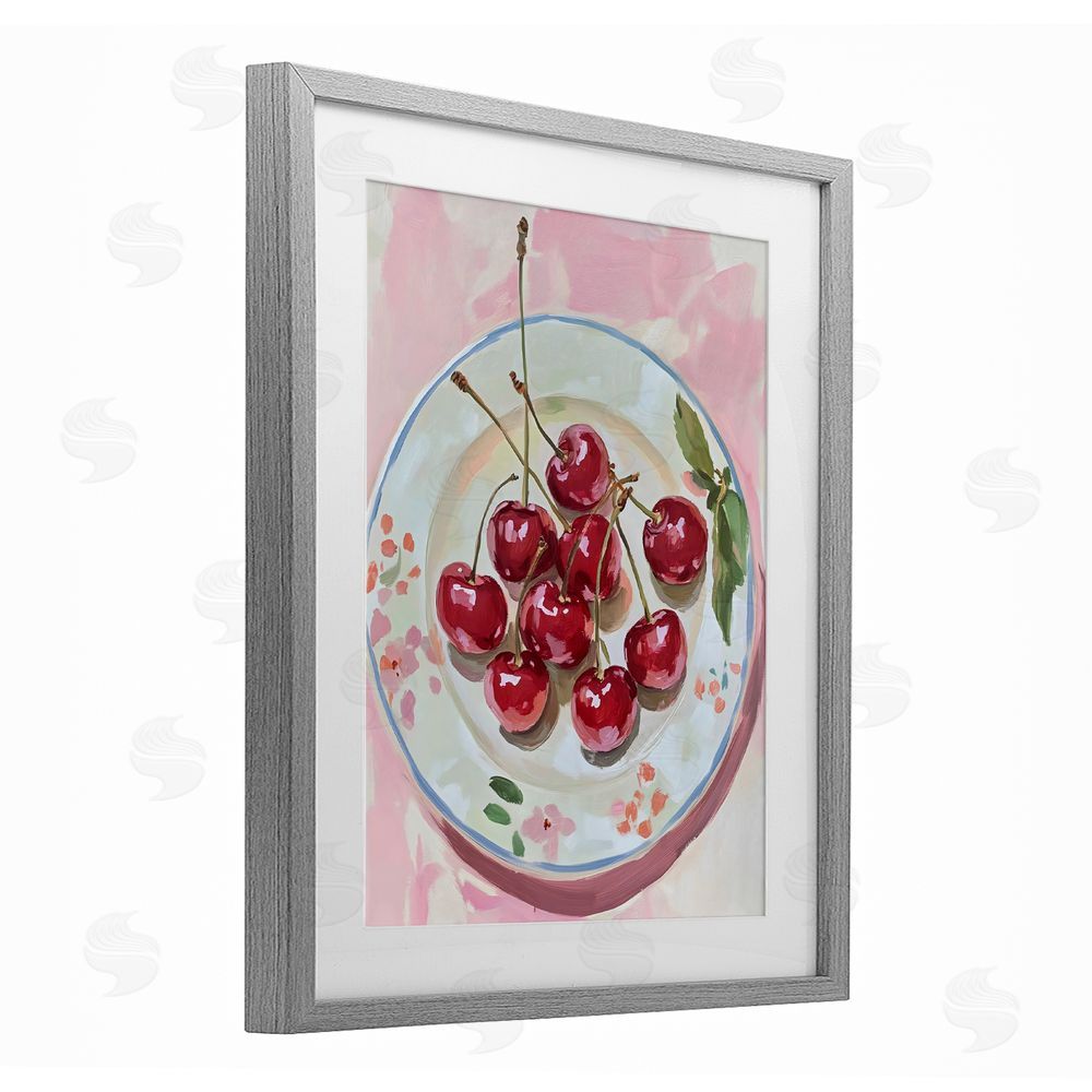 The Prints Vibe Plate of Summer Cherries Gray Framed Print Under Glass Wall Art