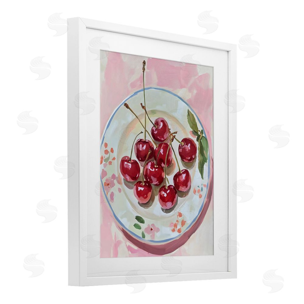 The Prints Vibe Plate of Summer Cherries White Framed Print Under Glass Wall Art