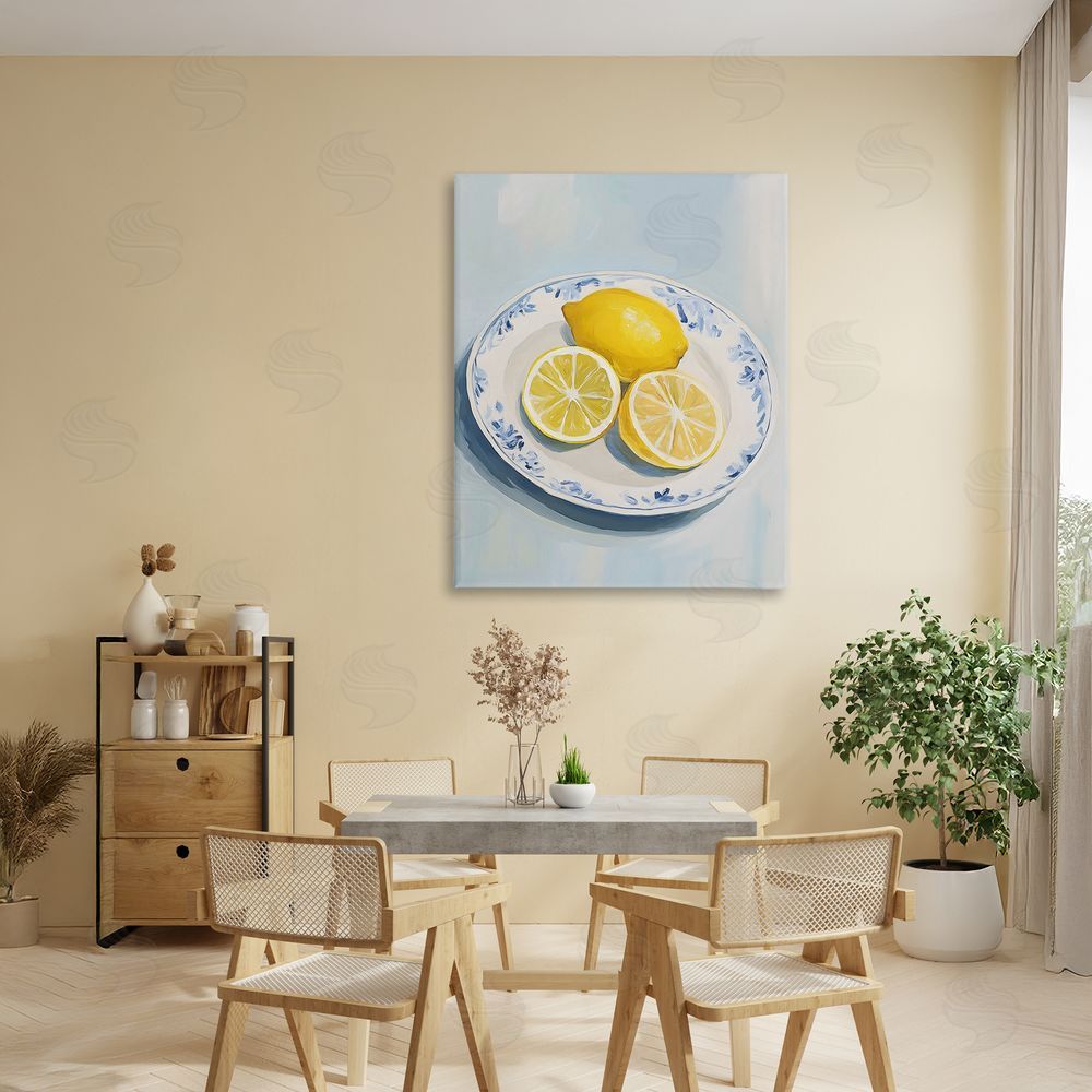 The Prints Vibe Plate of Juicy Lemons Stretched Canvas Wall Art in Room